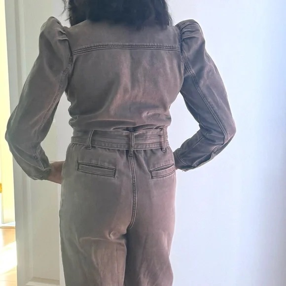 Express Puff Sleeve Tie Waist Gray Wash Denim Jumpsuit - Picture 4 of 6